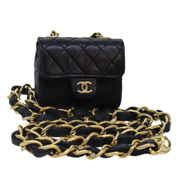 CHANEL Mini Mini Matelasse Chain Pouch Lamb Skin Black Gold CC Auth 89068A - Picture 1 of 15